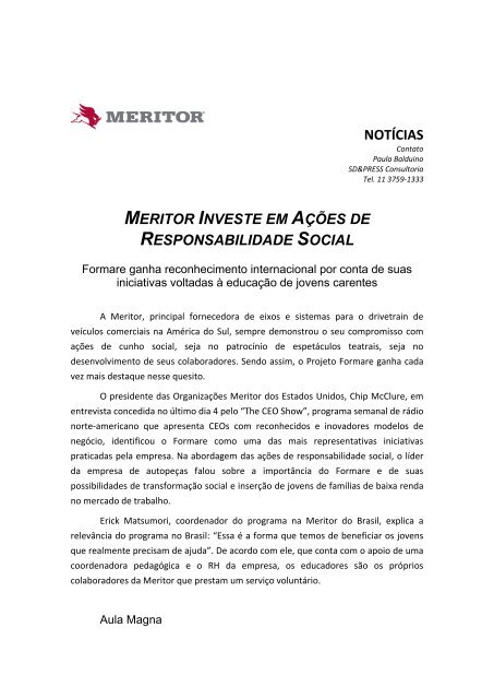 Meritor Investe Em AÃ§Ãµes De Responsabilidade Social 29 Mar 2012 ...