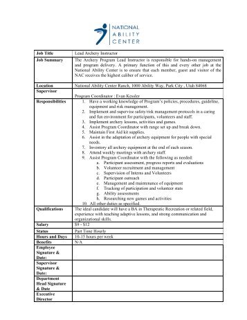 Job Title Lead Archery Instructor Job Summary The Archery ...