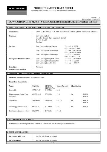 PRODUCT SAFETY DATA SHEET DOW CORNING(R) 3120 RTV ...