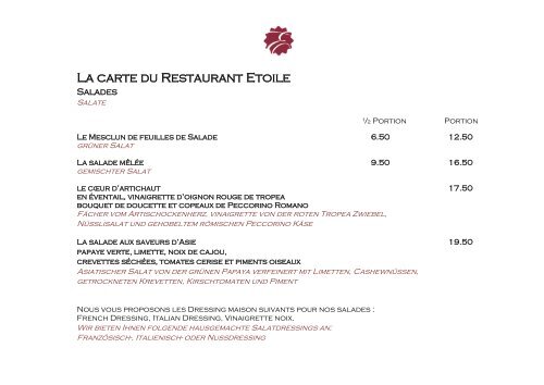 La carte du Restaurant Etoile - Hôtel de l'Etoile
