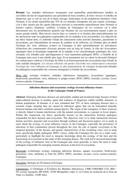 Ã©cologie des virus influenza aviaires en Camargue - IRD