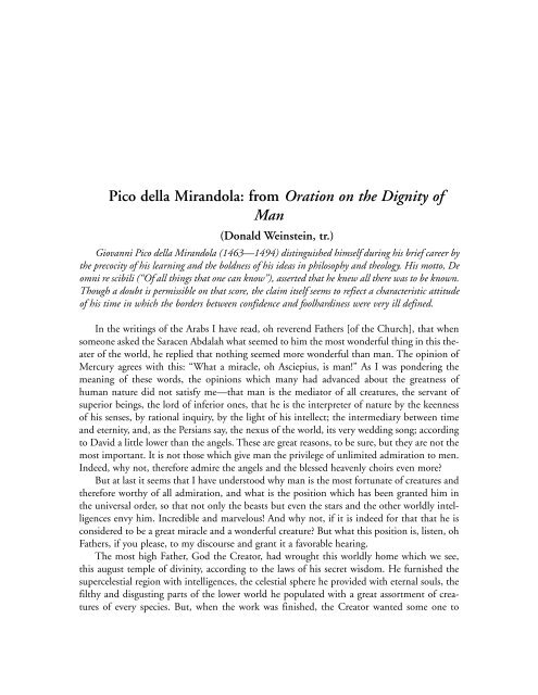 Pico della Mirandola: from Oration on the Dignity of Man