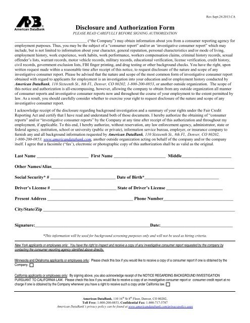 Disclosure and Release Form - American DataBank