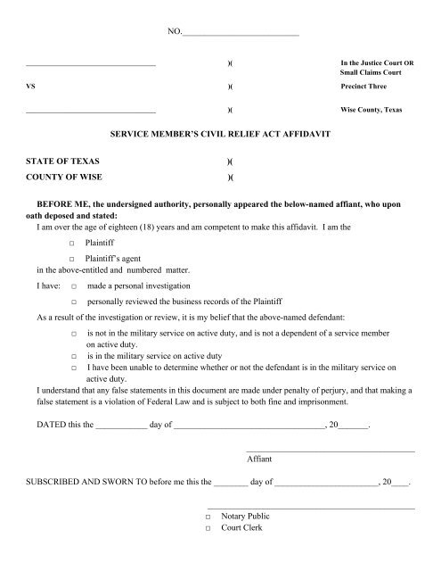 Small Claims Court Form - Wise County, Texas
