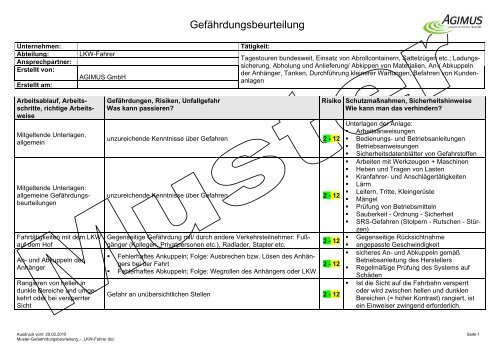 Muster Gefahrdungsbeurteilung Lkw Fahrer Agimus Gmbh