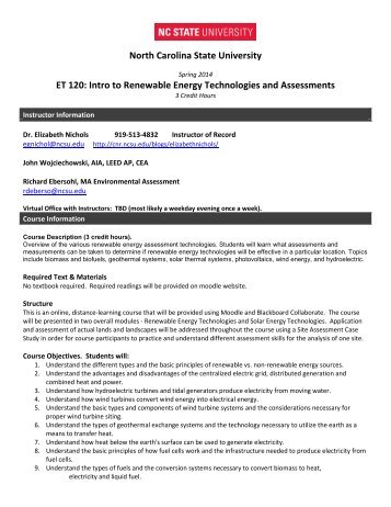 ET 120: Intro to Renewable Energy Technologies and Assessments