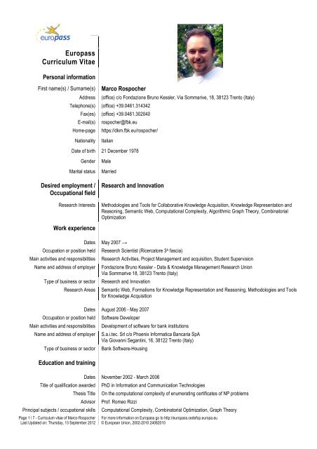 Cv Dkm Fondazione Bruno Kessler