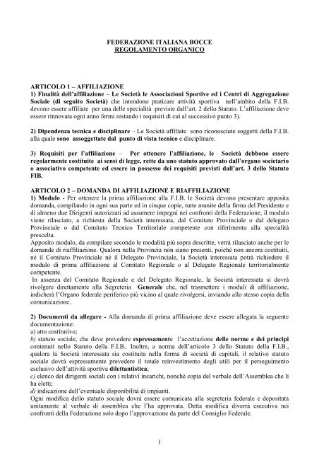 FIB Regolamento Organico - Federazione Italiana Bocce