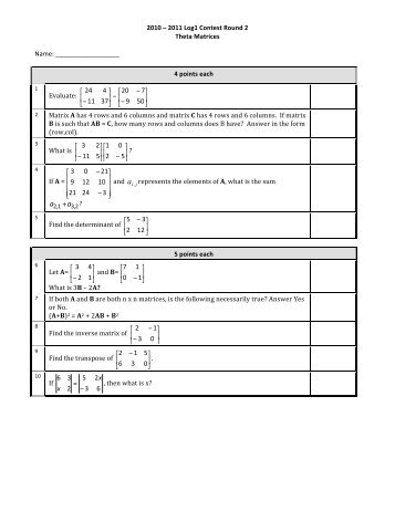 2010 â 2011 Log1 Contest Round 2 Theta Matrices Name: