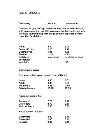 Price list 2009/2010 Swimming member non ... - Everyone Active