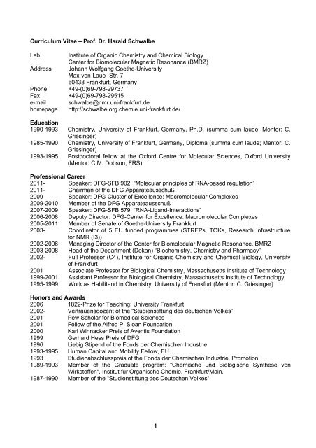 Curriculum Vitae â€“ Prof. Dr. Harald Schwalbe Lab ... - Schwalbe group