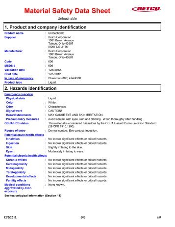 606 - Untouchable with SRT MSDS English - Betco Corporation