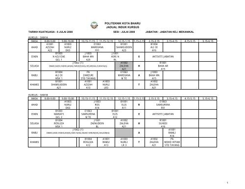 Jadual Waktu - Politeknik Kota Bharu