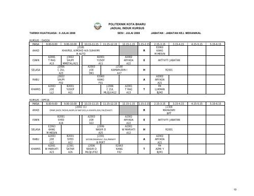 Jadual Waktu - Politeknik Kota Bharu