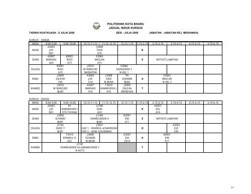 Jadual Waktu - Politeknik Kota Bharu