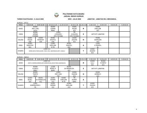 Jadual Waktu - Politeknik Kota Bharu