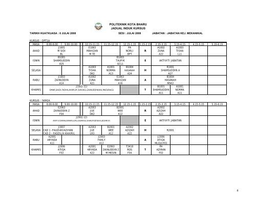 Jadual Waktu - Politeknik Kota Bharu