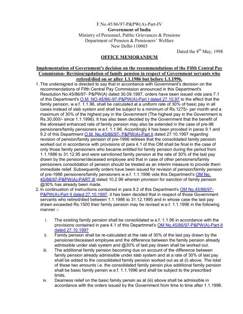 Fifth CPC - Revision/updation of family pension in respect of ...