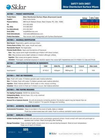 MATERIAL SAFETY DATA SHEET Sklar Disinfectant Surface Wipes