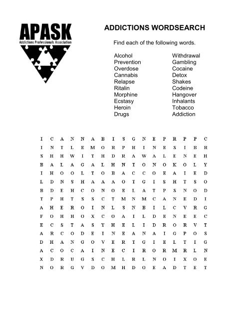 ADDICTIONS WORDSEARCH - APASK