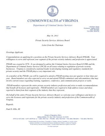 May 16, 2013 Private Security Services Advisory Board Letter from ...