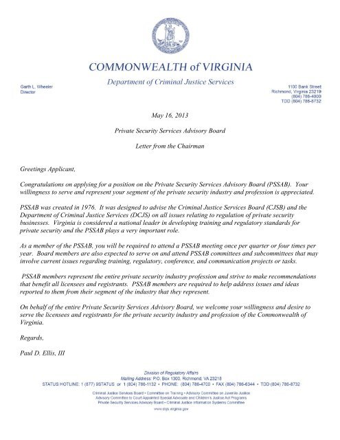 May 16, 2013 Private Security Services Advisory Board Letter from ...