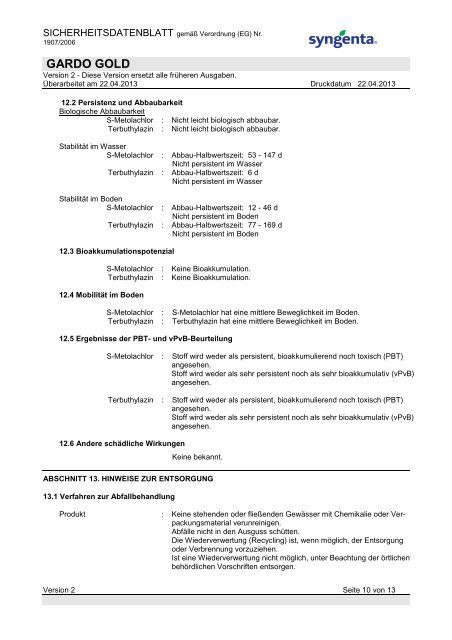 GARDO GOLD Sicherheitsdatenblatt - Syngenta