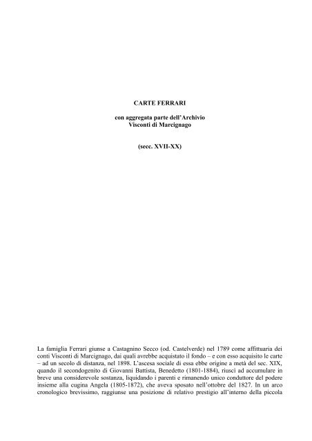 Carte Ferrari con aggregata parte dell'Archivio Visconti di Marcignago