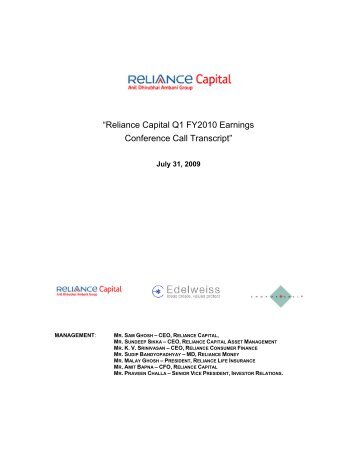 Download Conference Call transcript for 1Q for ... - Reliance Capital