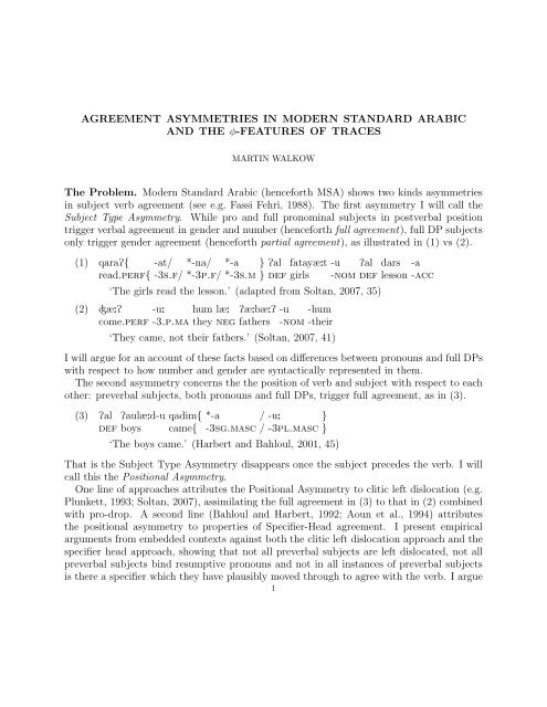 AGREEMENT ASYMMETRIES IN MODERN STANDARD ARABIC ...