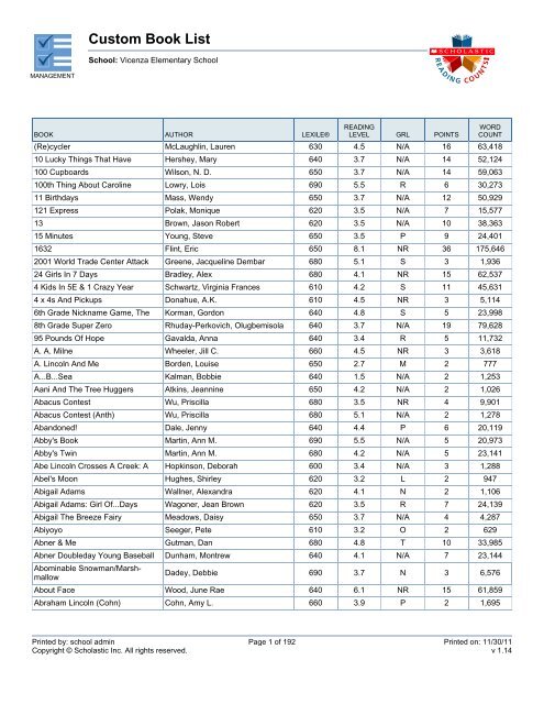 Custom Book List - Vicenza Elementary School