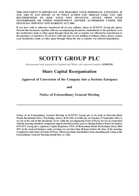 Share Capital Reorganisation - Notice of EGM