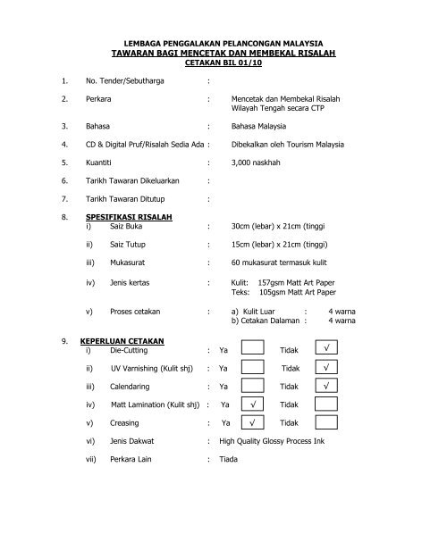 tawaran bagi mencetak dan membekal risalah - Tourism Malaysia