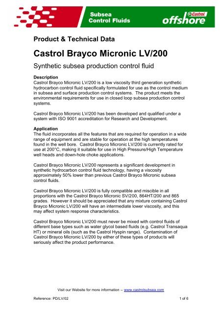 Castrol Brayco Micronic LV200 Data Sheet - ER Trading AS