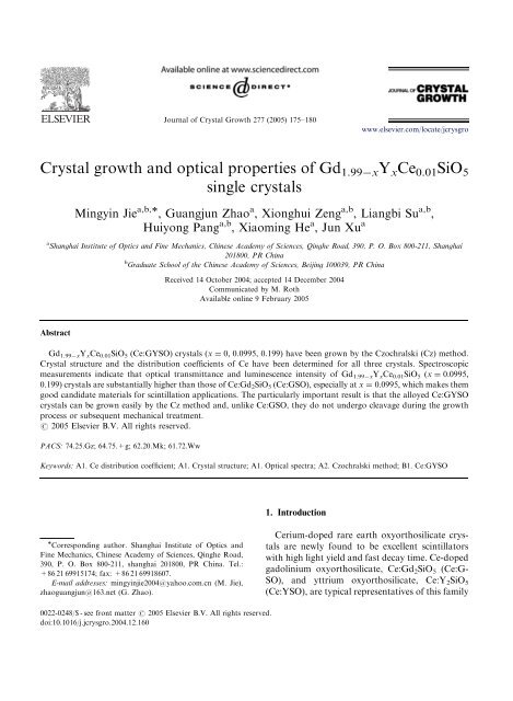Crystal growth and optical properties of Gd1.99Ä€xYxCe0.01SiO5 ...