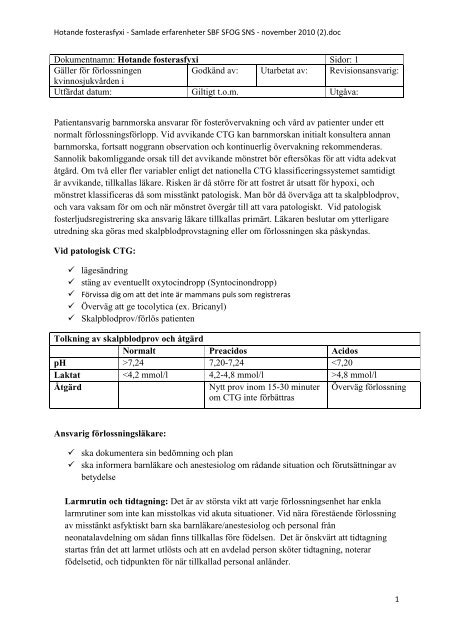 Dokumentnamn: Hotande fosterasfyxi - SFOG