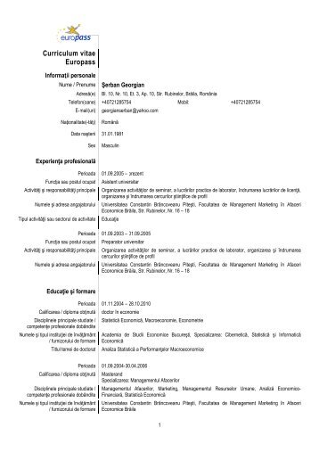 Curriculum vitae Europass - Universitatea Constantin Brancoveanu