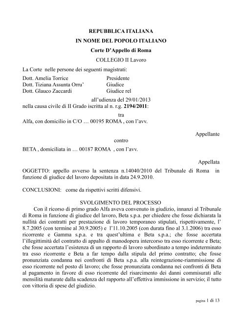 Corte di Appello Roma sentenza 29 gennaio 2013 - Magistratura ...