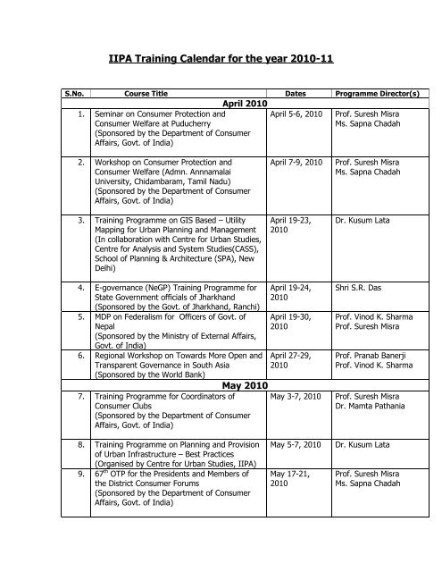 IIPA Training Calendar for the year 2010-11 - Indian Institute of ...