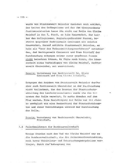 Anklageschrift and die IUK wegen des Todes von Ulrike Meinhof