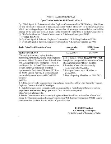NORTH EASTERN RAILWAY Open Tender NoticeNo.S&T/Con/02 of ...