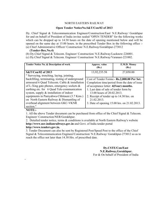 NORTH EASTERN RAILWAY Open Tender NoticeNo.S&T/Con/02 of ...