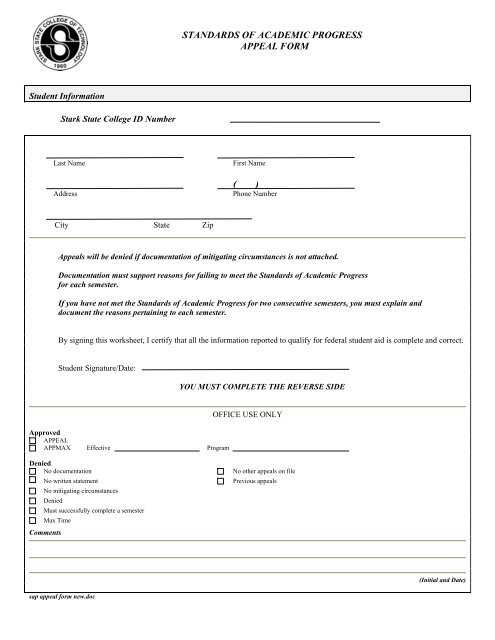 standards of academic progress appeal form - Stark State College