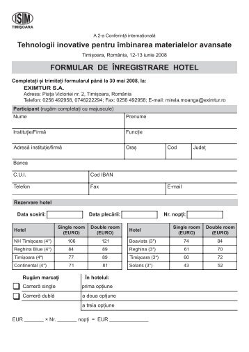 FORMULAR DE ÎNREGISTRARE HOTEL ... - ISIM Timisoara