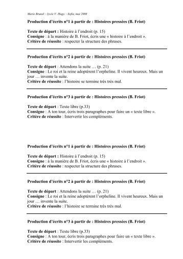 Production d'écrits n°1 à partir de : Histoires pressées (B. Friot ...