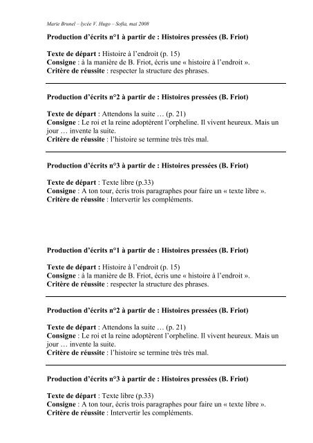 Production d'écrits n°1 à partir de : Histoires pressées (B. Friot ...