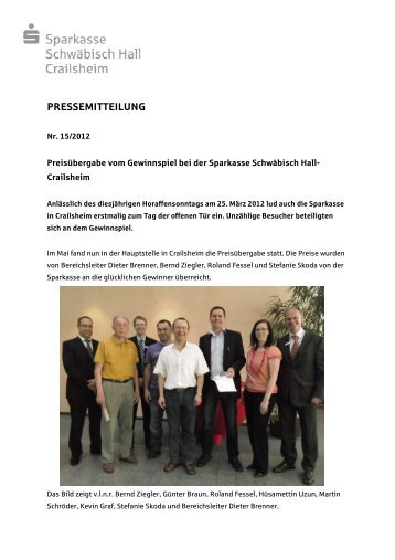 Preisübergabe Gewinnspiel - Sparkasse Schwäbisch Hall - Crailsheim