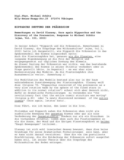 HIPPARCHS DEUTUNG DER PRÄZESSION