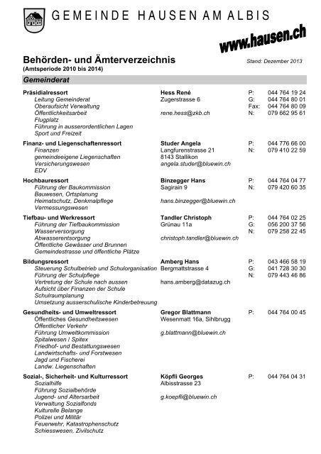Behördenverzeichnis - Gemeinde Hausen am Albis
