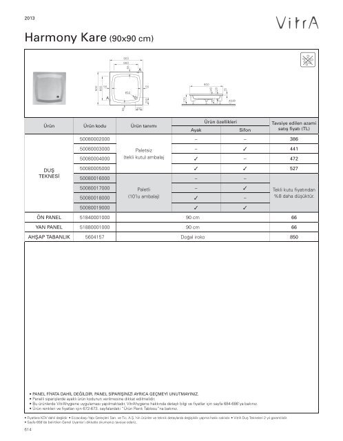 2013 Vitra Küvetler ve Duş Tekneleri Fiyat Listesi